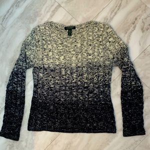 Ralph Lauren cable knit sweater, ombré navy to white/navy heather yarn pattern